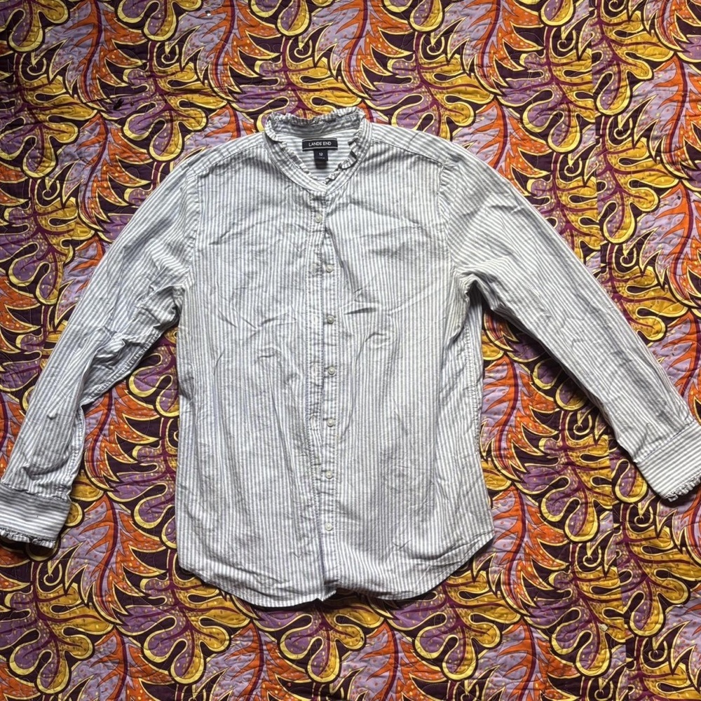 Lands' End Men’s White and Gray Striped Band-Collar Button-Down Shirt
